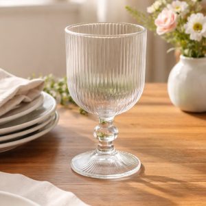 6 Pack Vintage Ribbed Wine Glasses – 13oz Clear Glass Goblets with Ball Stem Accent